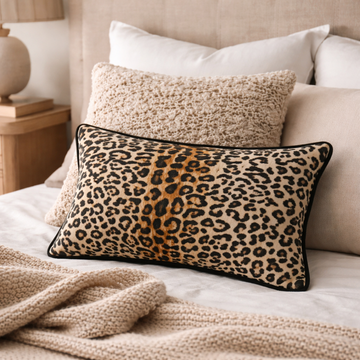 Leopard print pillow on a bed with neutral-toned bedding and lamp.