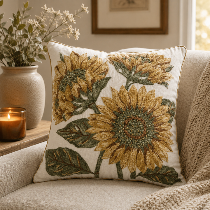 Embroidered Sunflower Pillow