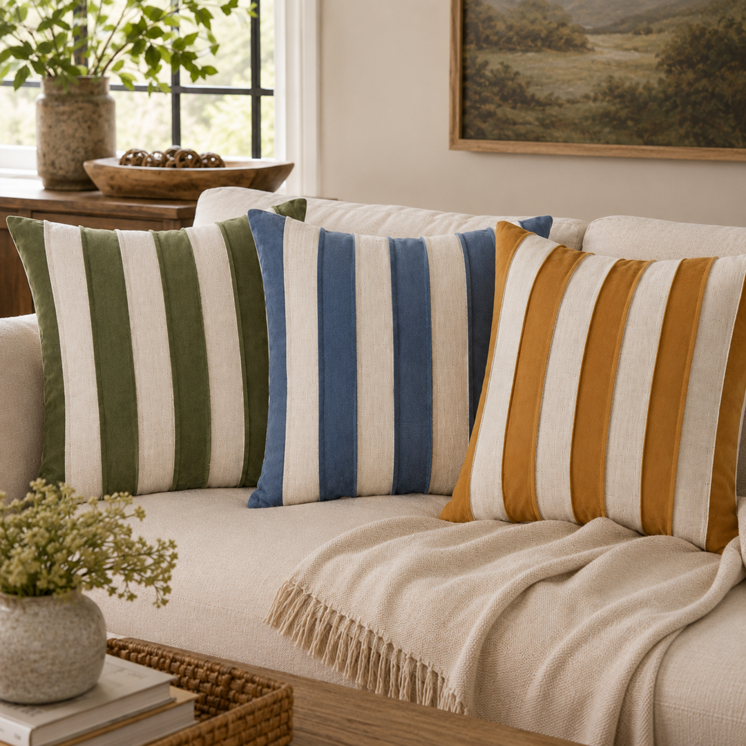 Velvet Natural Contrast Striped Pillow