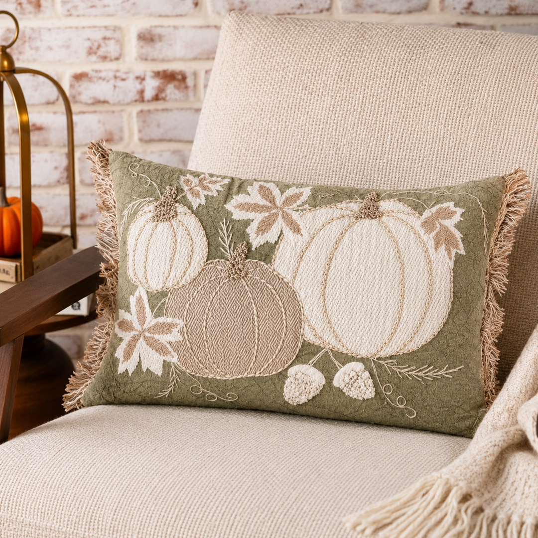 Sage Pumpkin Garden Tassel Lumbar Pillow