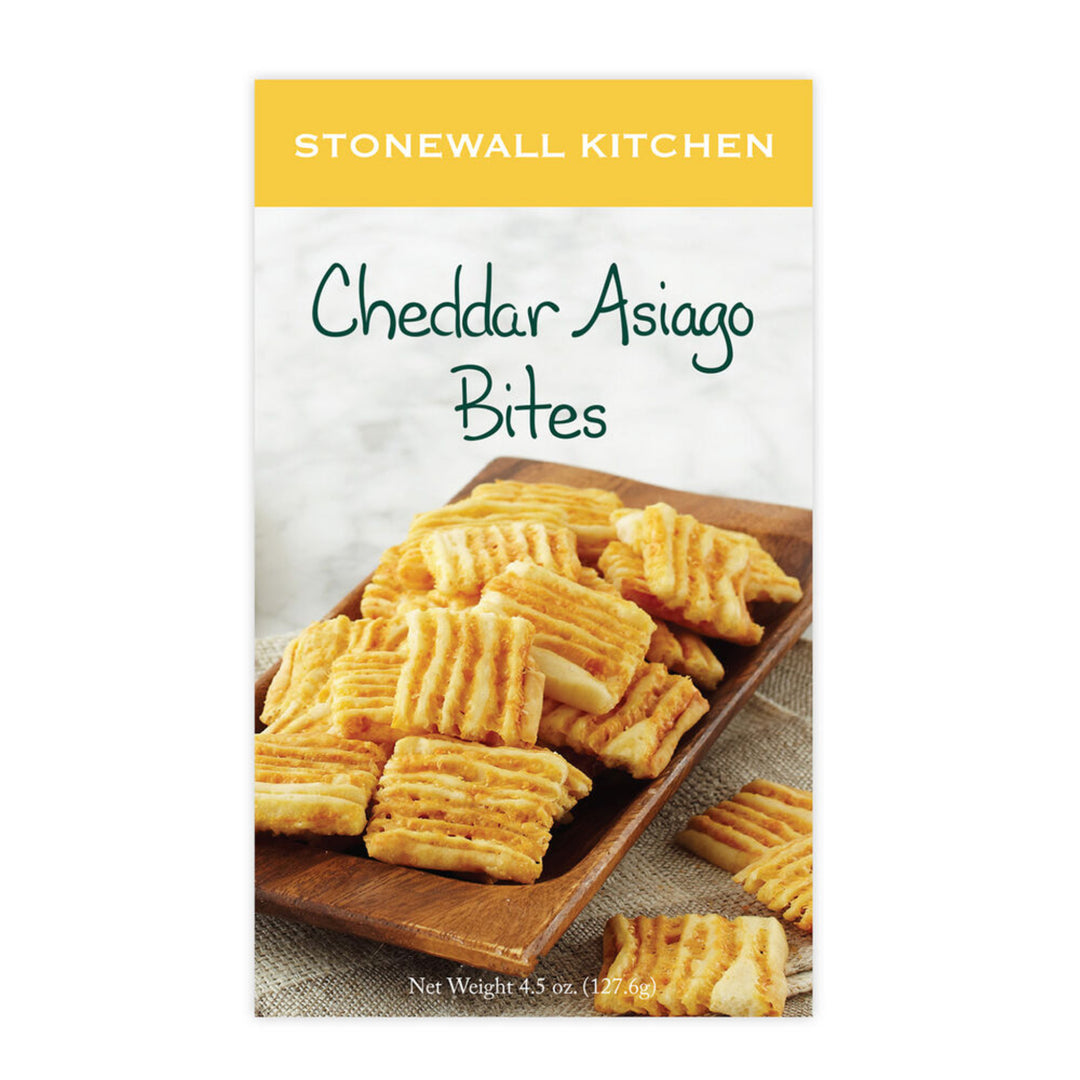 Packaging of Stonewall Kitchen Cheddar Asiago Bites on a white background
