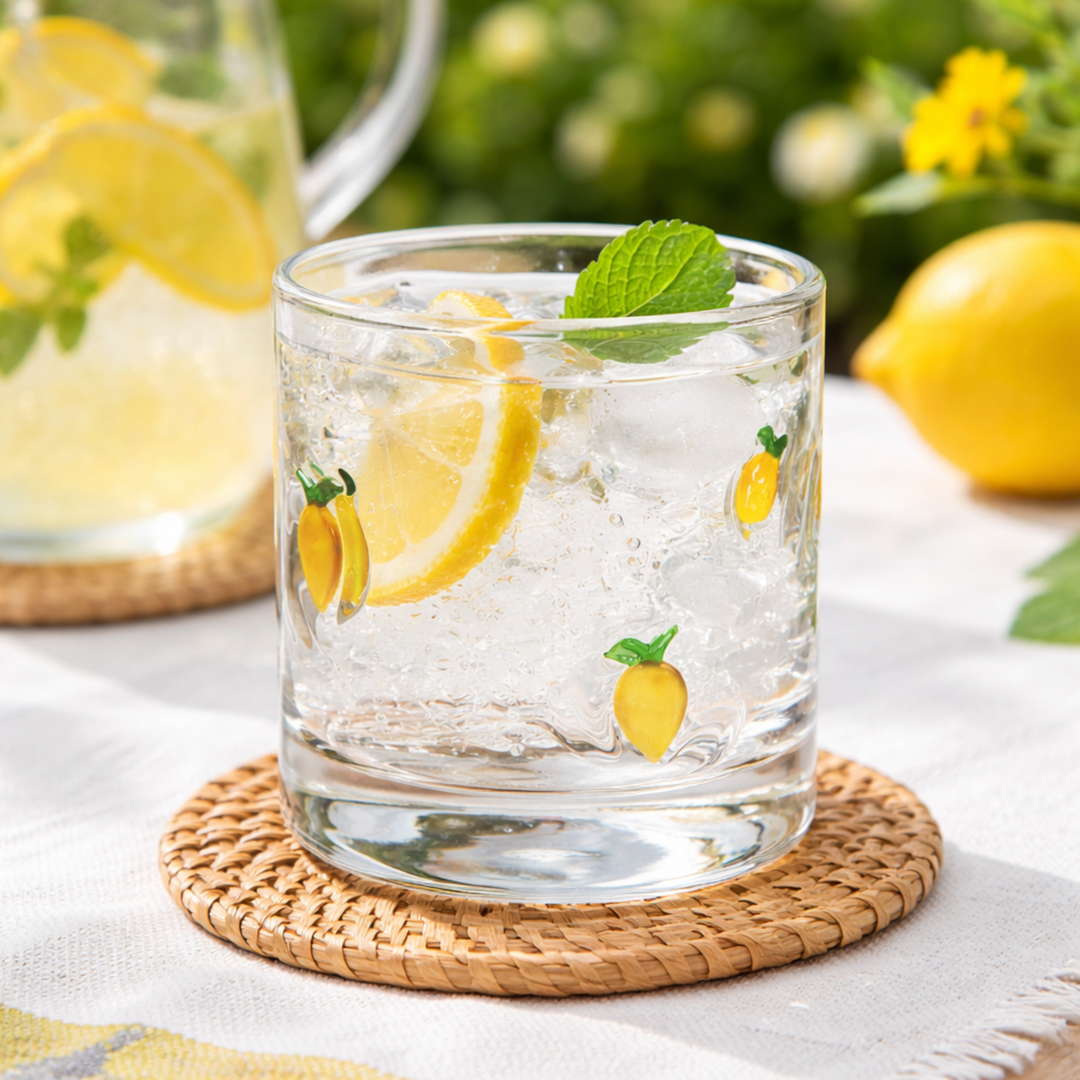 Cheerful Lemon Hand Blown Glass on wicker coaster with lemonade pitcher and lemons in the background. 