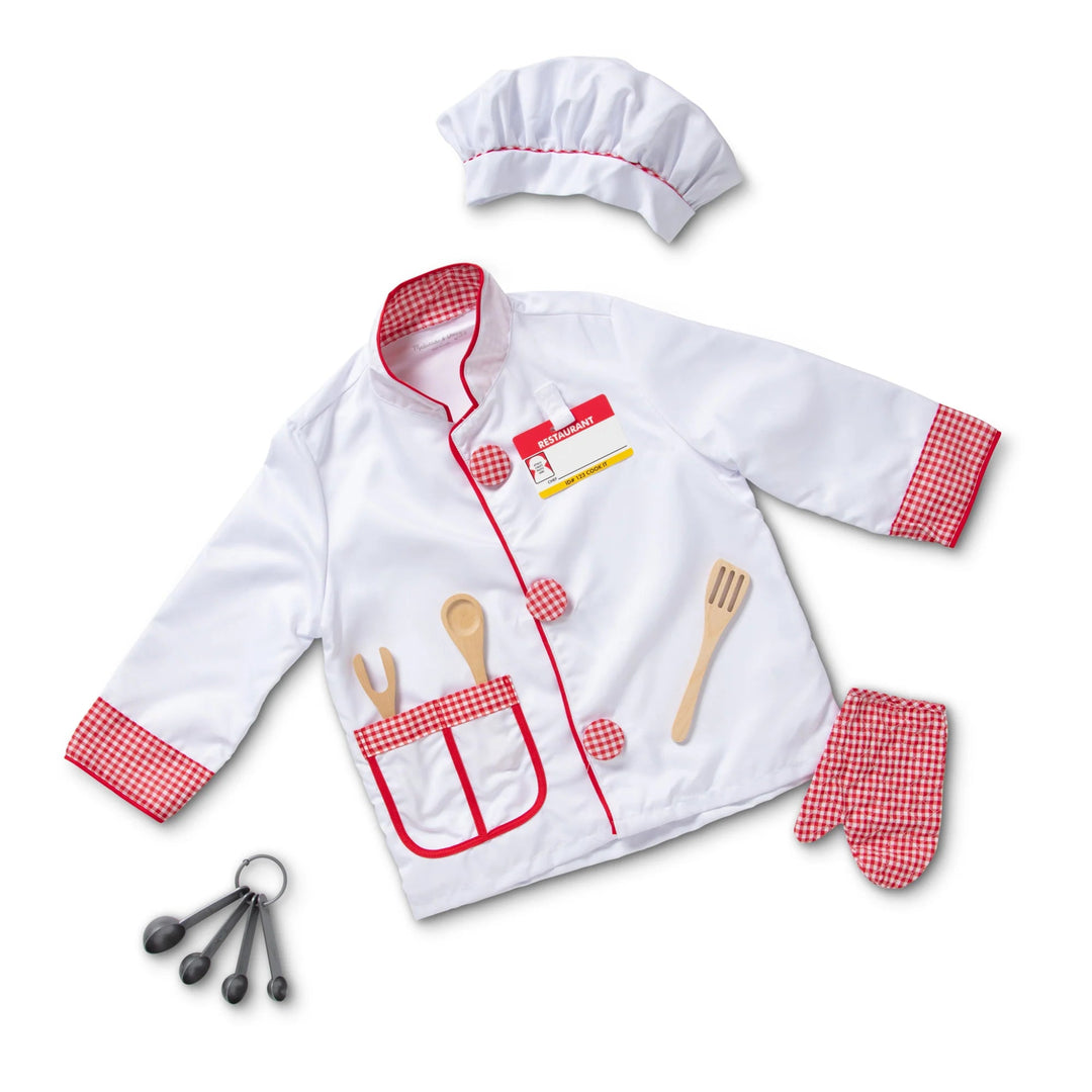 Chef Role Play Costume Set with matching hat, oven mitt and measuring spoons on white background