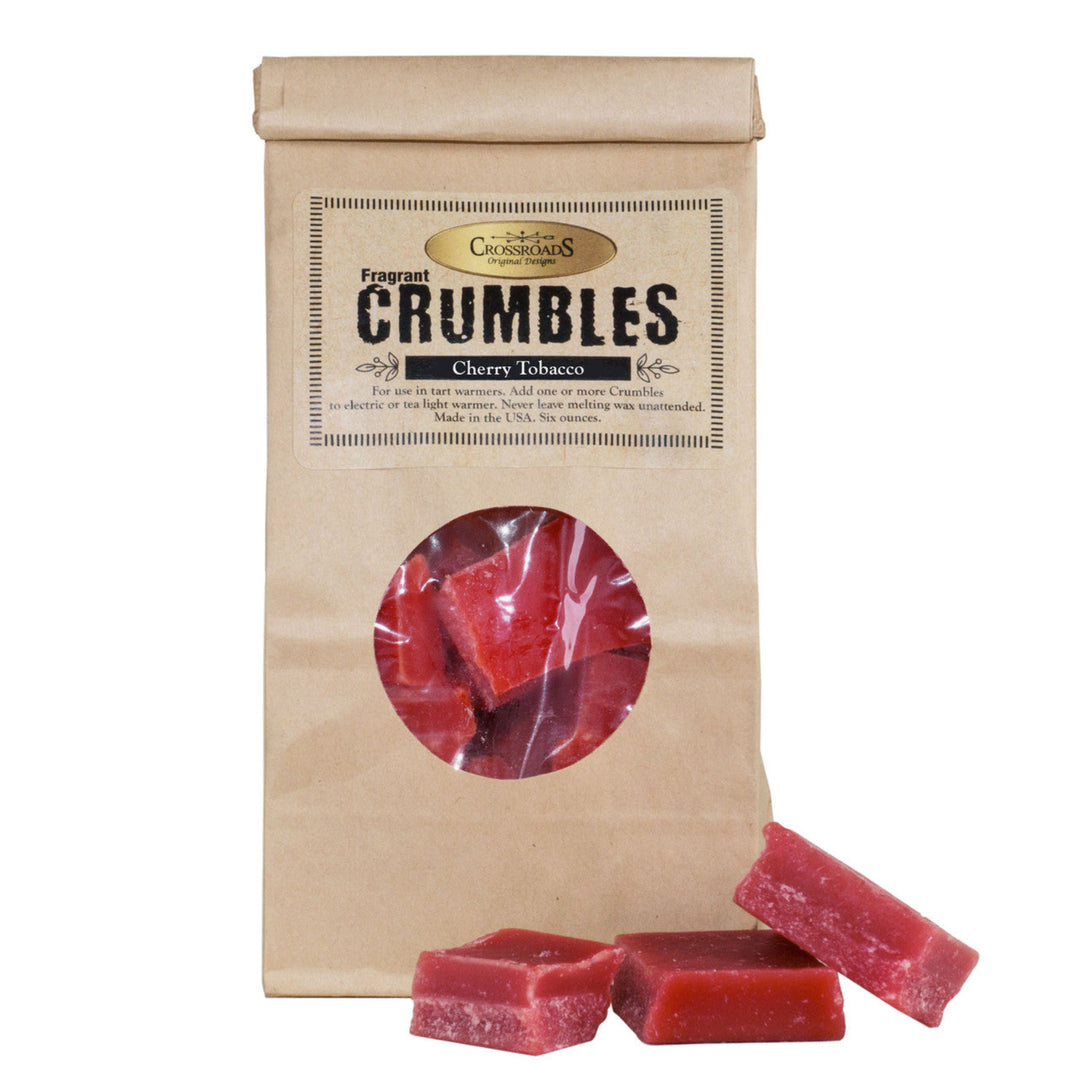 Kraft paper packaging of 'Fragrant Crumbles' cherry tobacco with visible product.