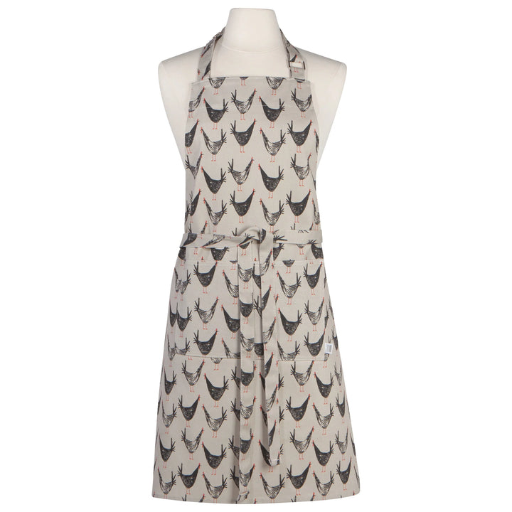Apron with chicken pattern on a mannequin against a white background