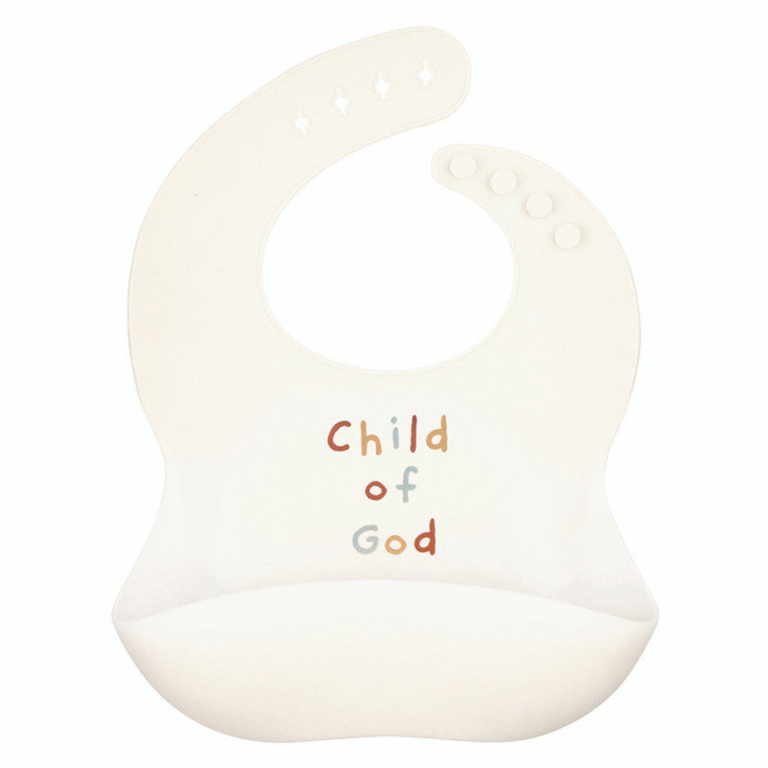 White bib with 'Child of God' text on a white background
