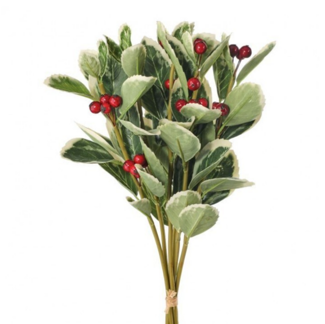 Artificial variegated holly leaf stem with green and white variegated leaves and small red berries, tied with a natural twine band at the bottom, on a white background.