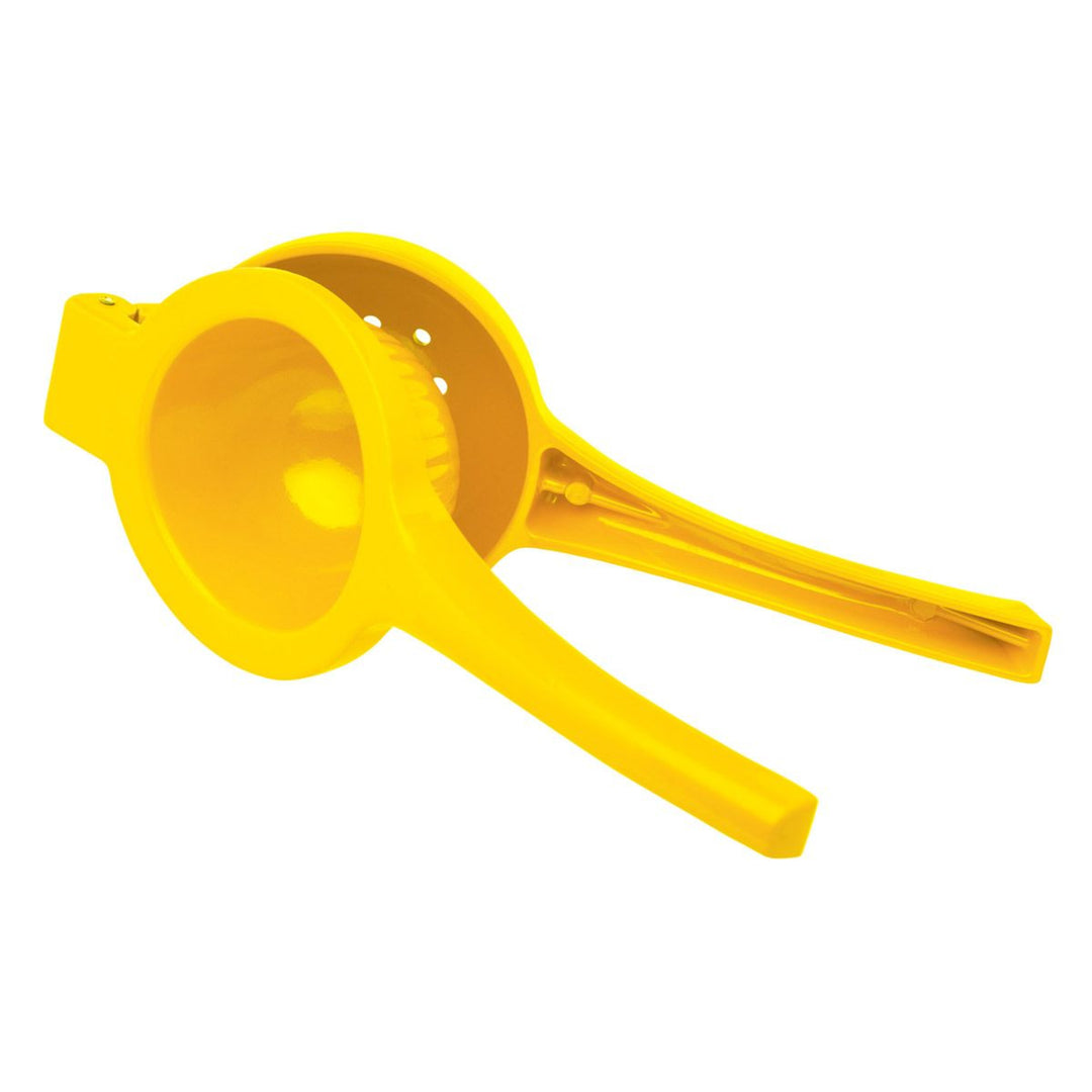 Yellow manual juicer on a white background