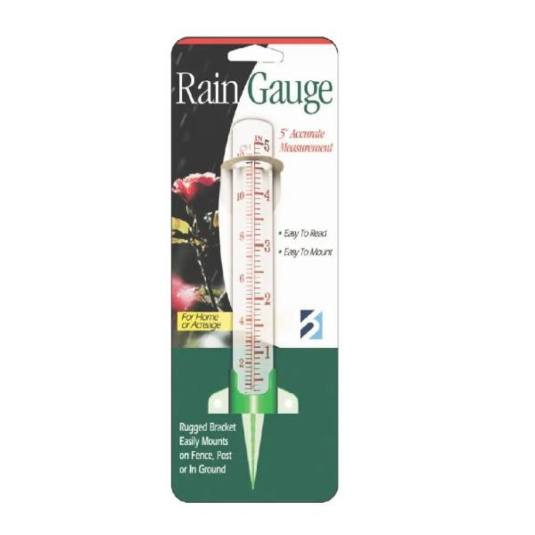 Rain gauge in packaging with branding and product details.