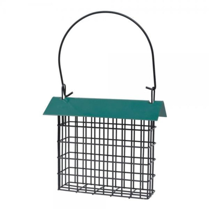 Bird feeder with a green top and black wire body on a white background