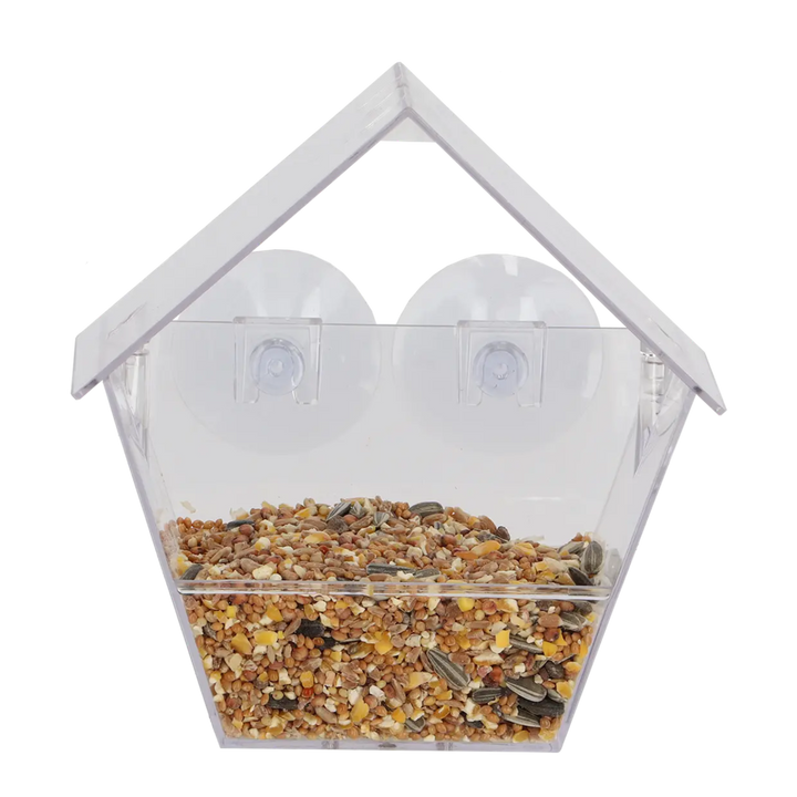 Clear bird feeder with seeds inside on a white background