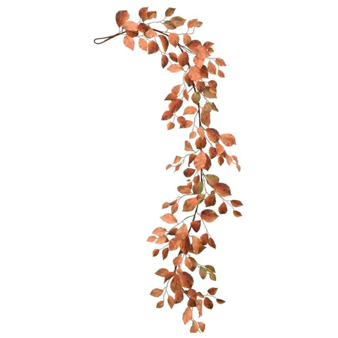 Artificial leaf garland with orange and green leaves on a white background