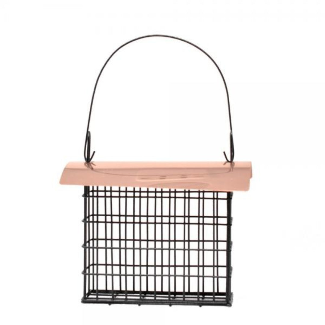 Bird feeder with black wire mesh and wooden top on a white background