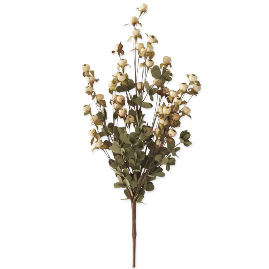 Artificial plant with beige flowers and green leaves on a white background