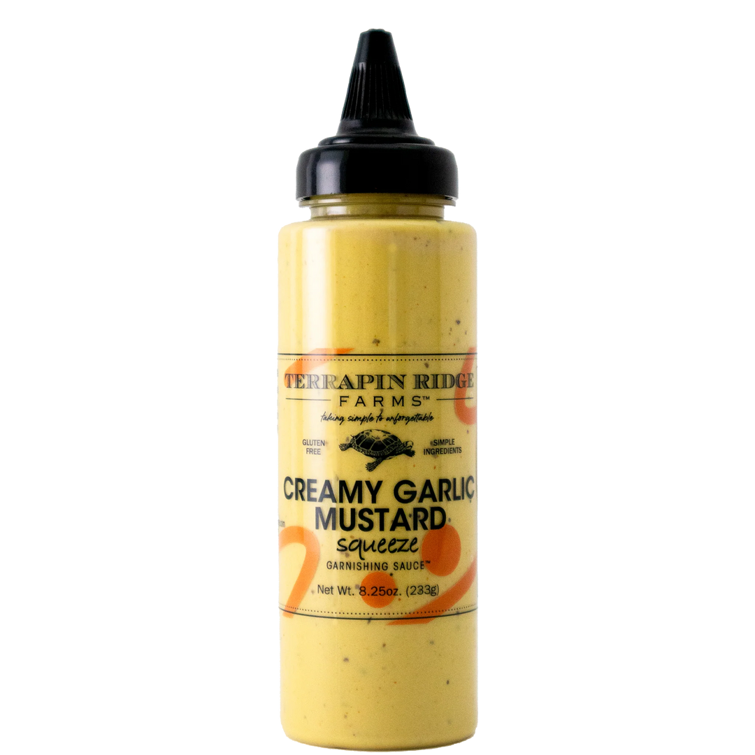 Terrapin Ridge Farms creamy garlic mustard squeeze bottle on a white background