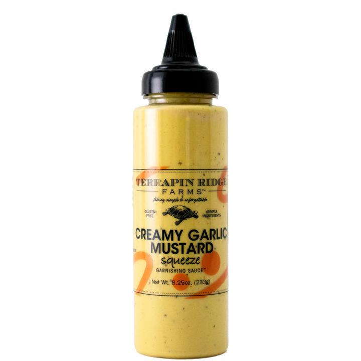 Terrapin Ridge Farms creamy garlic mustard squeeze bottle on a white background