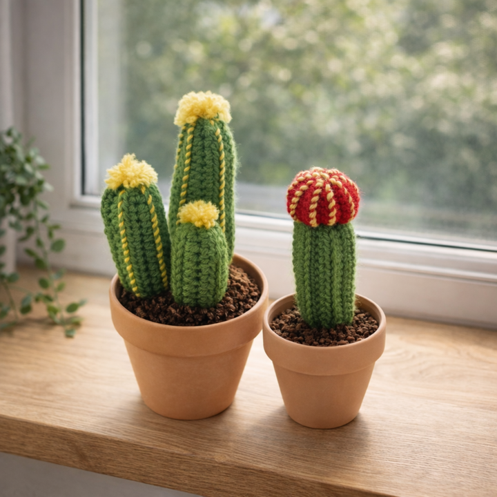 Crochet Cactus Potted Decor on wooden windowsill