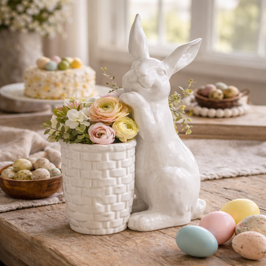 White ceramic bunny with a basket of flowers on a wooden table with Easter eggs and a cake.