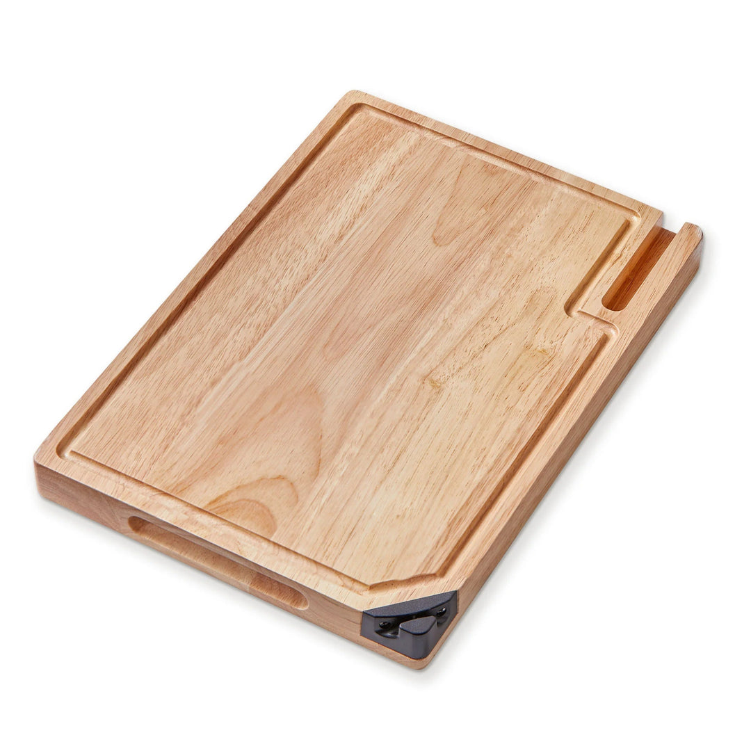 Wooden cutting board with a handle on a white background