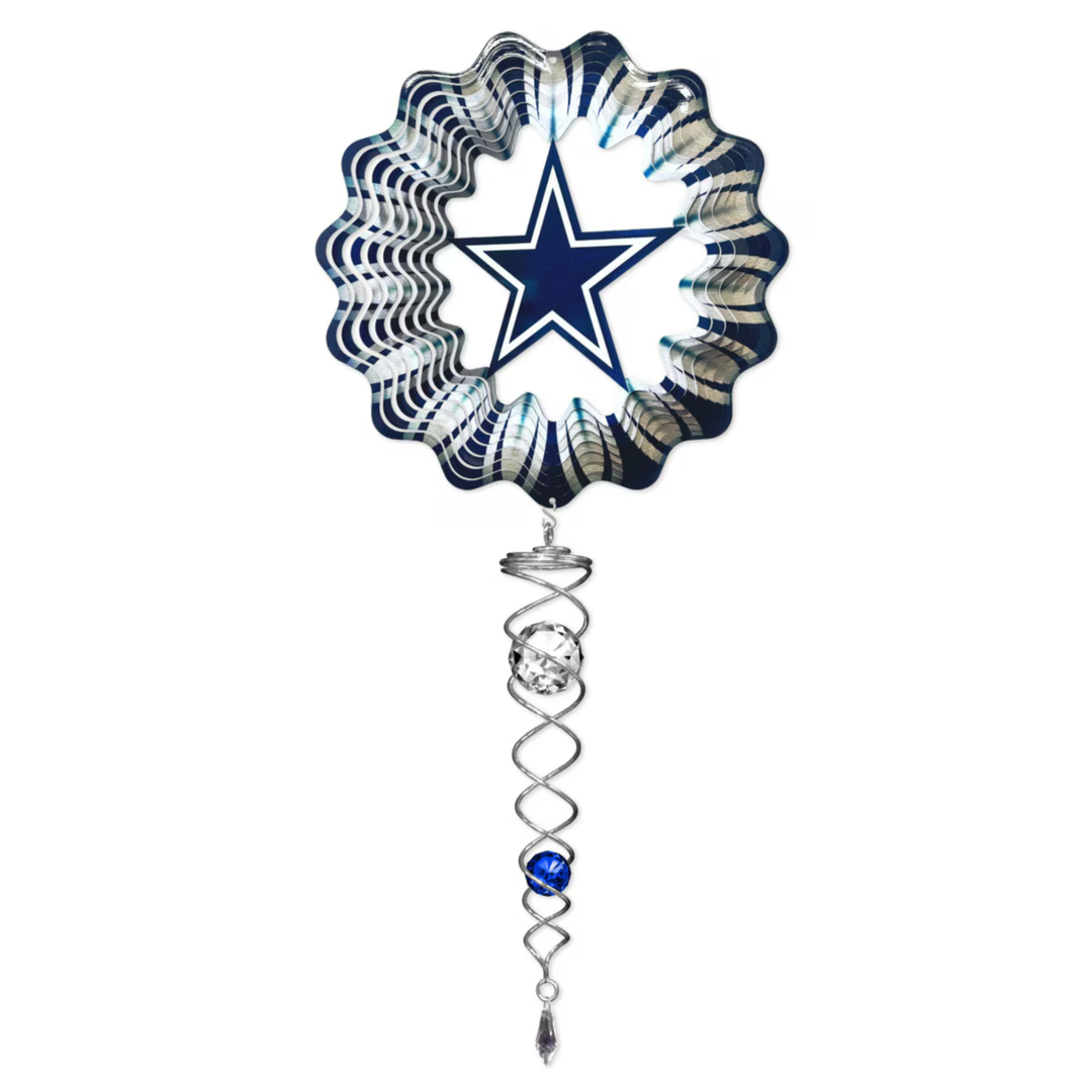 Dallas Cowboys wind spinner ornament featuring a blue and white star logo on a scalloped metal top with a hanging spiral wire and blue bead accents, shown on a plain white background.