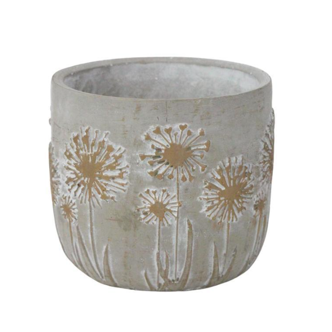 Decorative pot with dandelion design on a white background