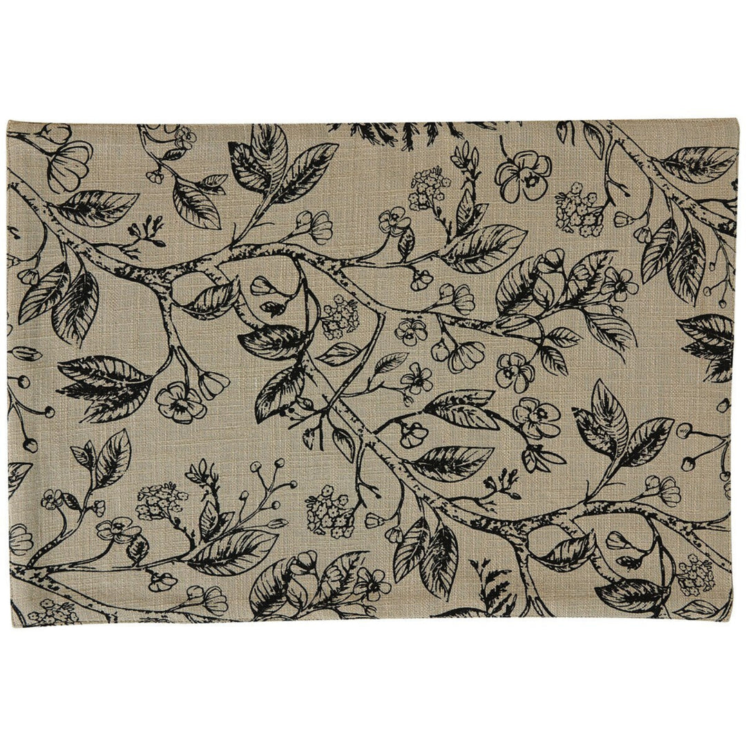 Beige fabric with black floral and leaf pattern