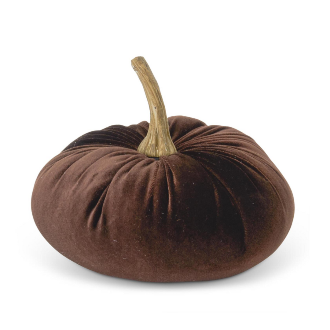 A dark brown velvet pumpkin with a textured stem, shown on a white background with a product information sidebar on the right.