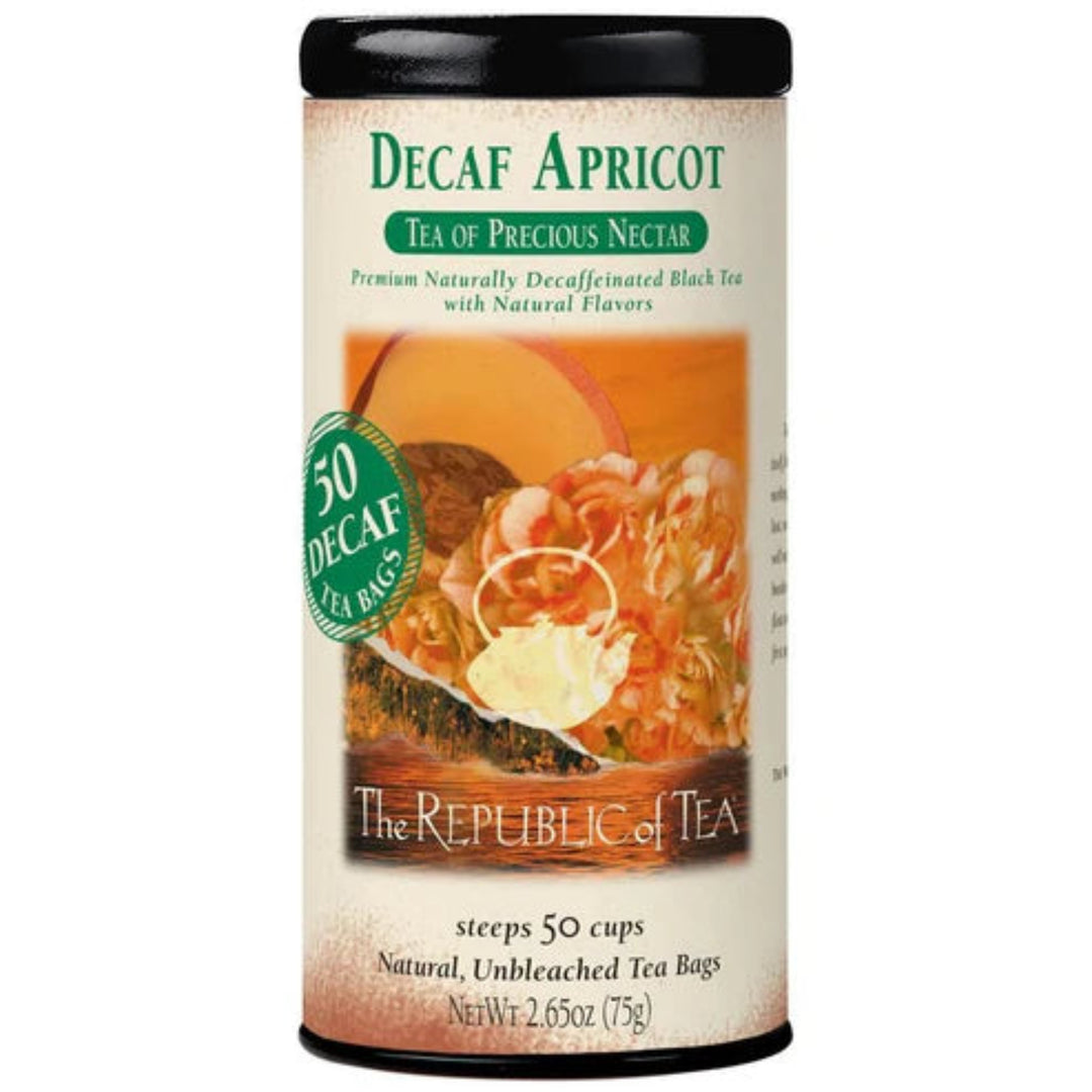 Decaf Apricot tea canister with Republic of Tea branding on a white background