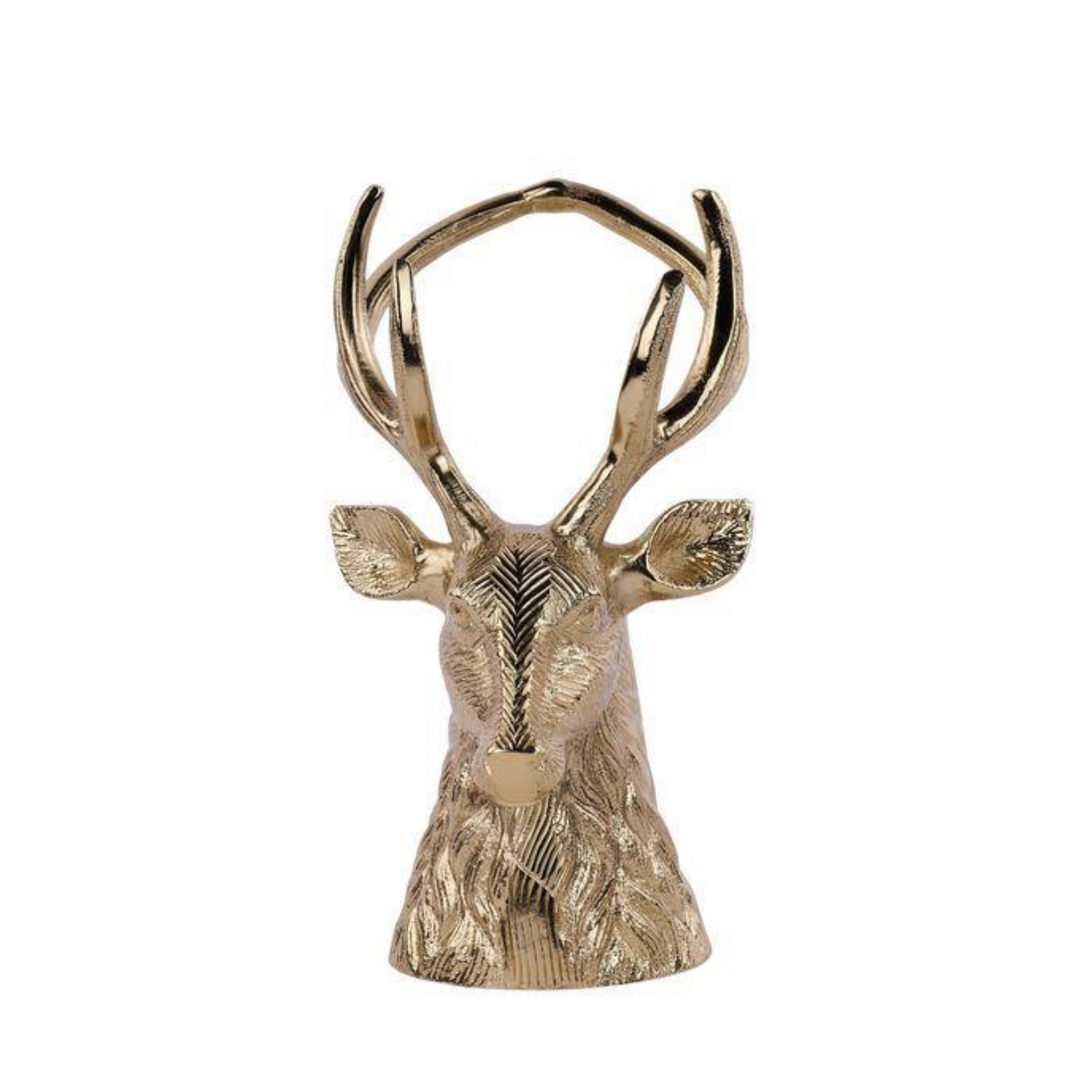 A 9-inch decorative deer head sculpture with antlers, finished in a textured metallic gold/bronze color, shown on a white product detail page.
