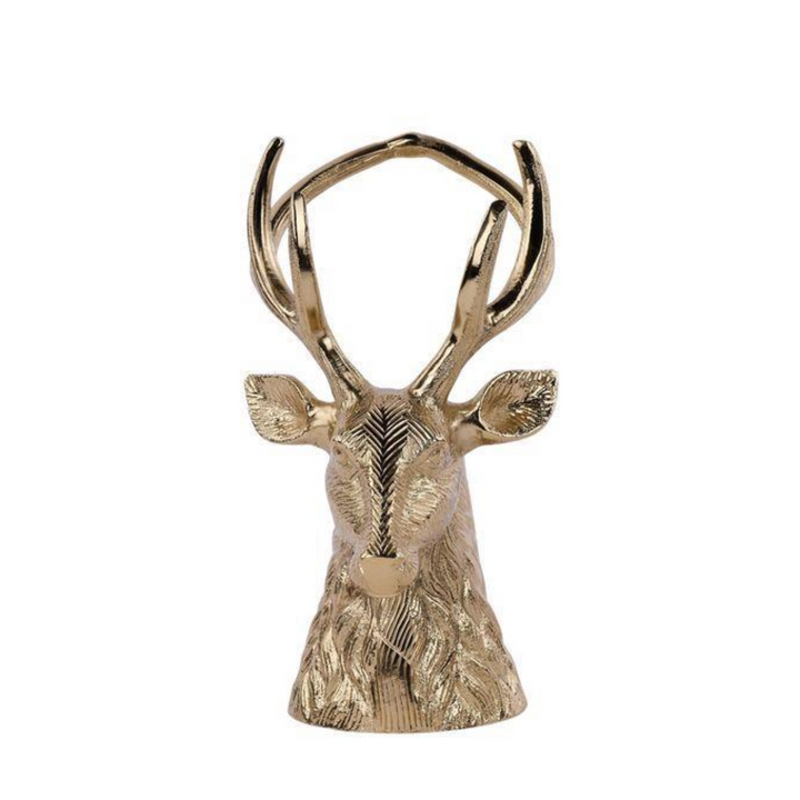A 9-inch decorative deer head sculpture with antlers, finished in a textured metallic gold/bronze color, shown on a white product detail page.
