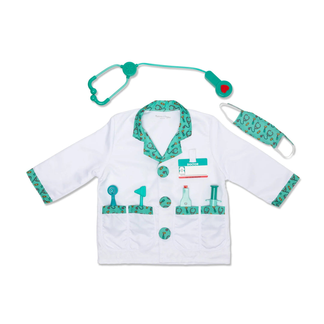 Children's doctor outfit with stethoscope and mask on a white background
