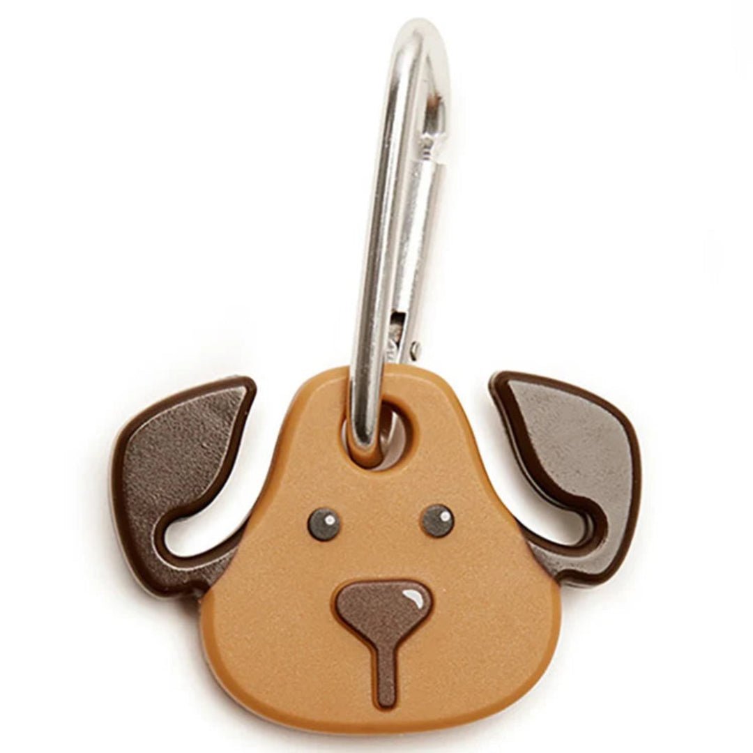 Dog-shaped keychain with a brown face and ears on a white background