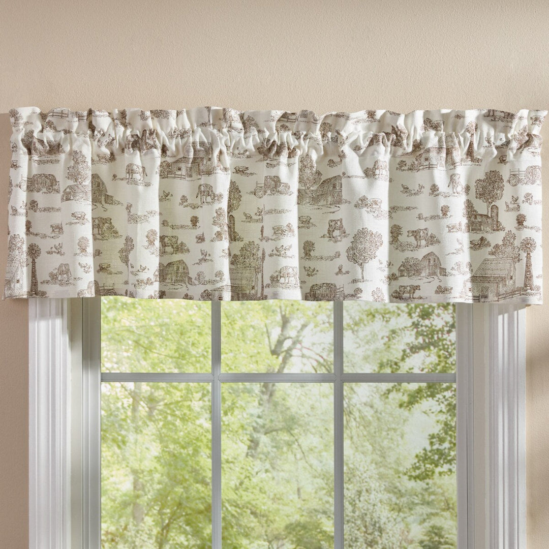 Down On The Farm Toile Valance  hung in a window with white panes