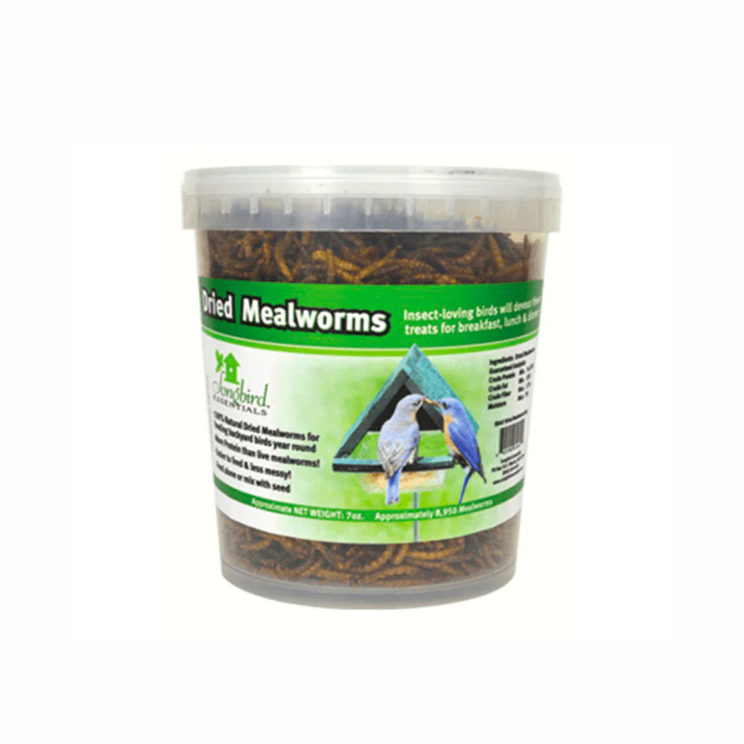 Container of dried mealworms with a green label on a white background