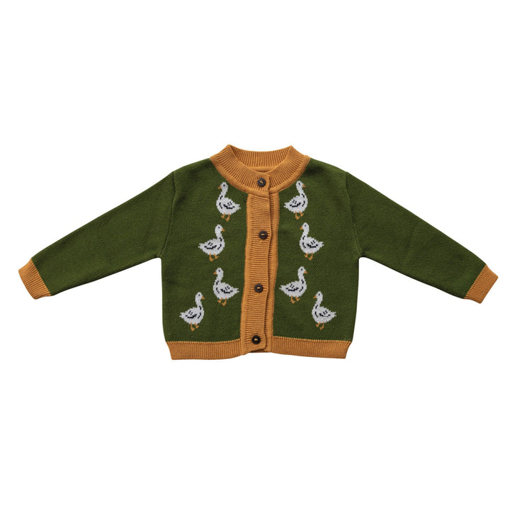 Green and brown cardigan with duck pattern on a white background