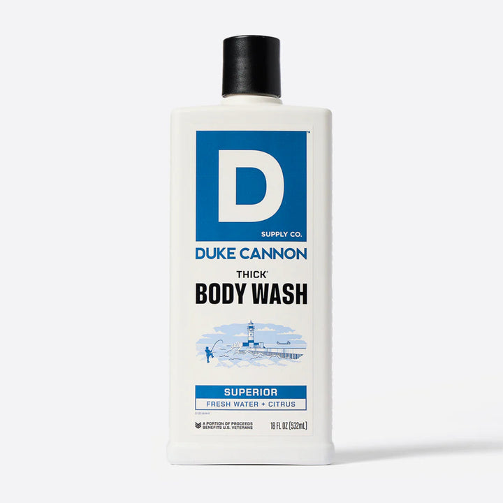 Duke Cannon body wash bottle on a white background