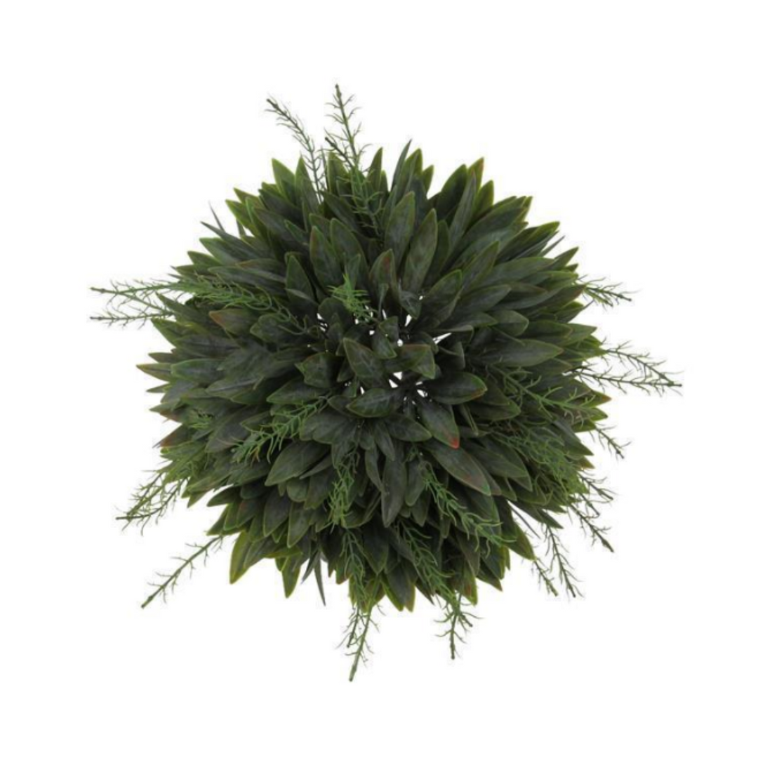 Artificial green plant ball with product details on a white background