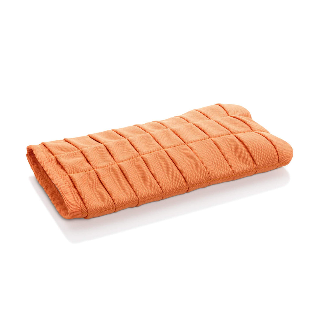 A orange microfiber cleaning cloth shaped like a mitt with pleats.