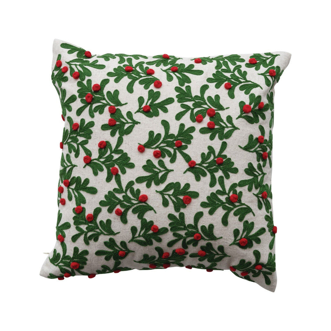 Embroidered Mistletoe Pom Pom Pillow