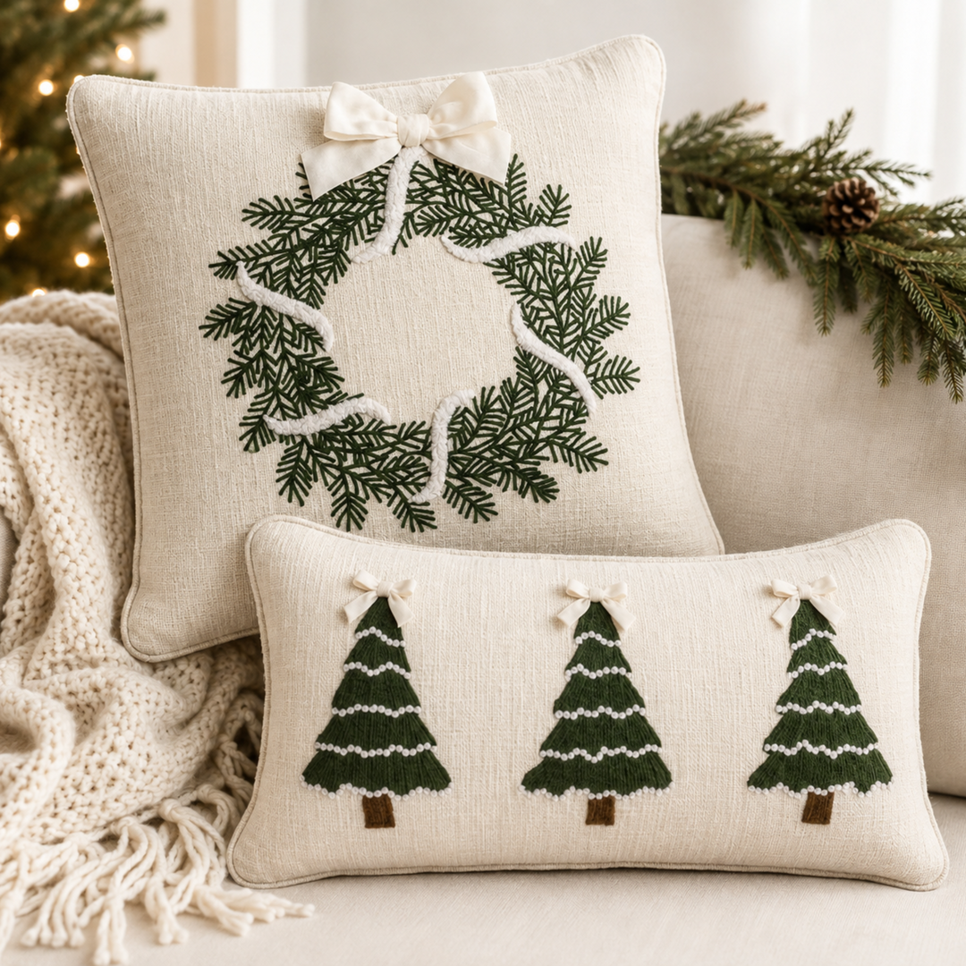 Two cream-colored linen throw pillows with embroidered green Christmas tree and pine wreath designs, styled on a sofa with a knit blanket and holiday greenery.