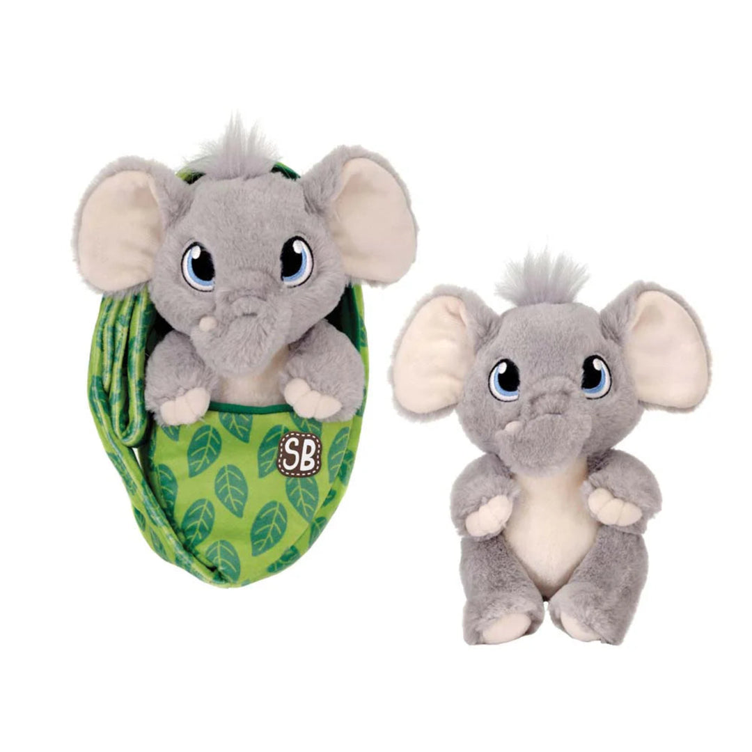 Two plush elephant toys, one in a green leaf-patterned bag, on a white background.