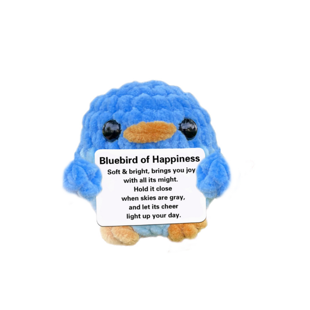 Blue plush toy with a label on a white background
