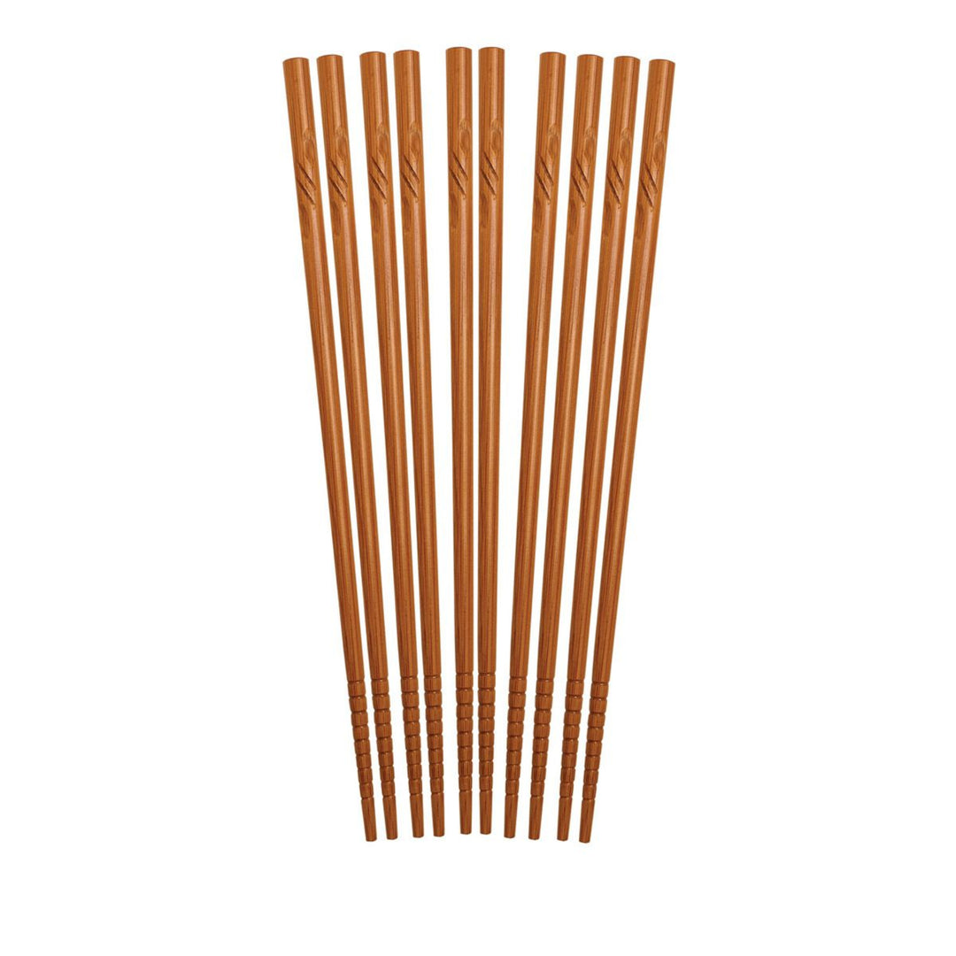 A set of ten brown chopsticks arranged in a fan shape on a plain white background.