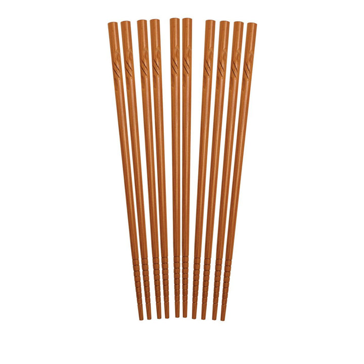 A set of ten brown chopsticks arranged in a fan shape on a plain white background.