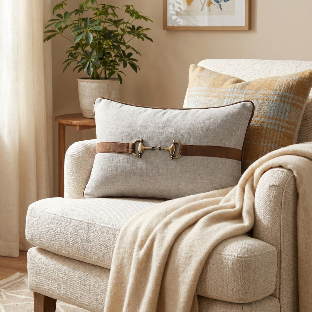 A cozy living room scene featuring a cream upholstered armchair with a beige throw blanket draped over it, a matching accent pillow with a brown leather-look strap and horsebit detail, and a plaid throw pillow. A small wooden side table with a potted plant and framed wall art are visible in the background.