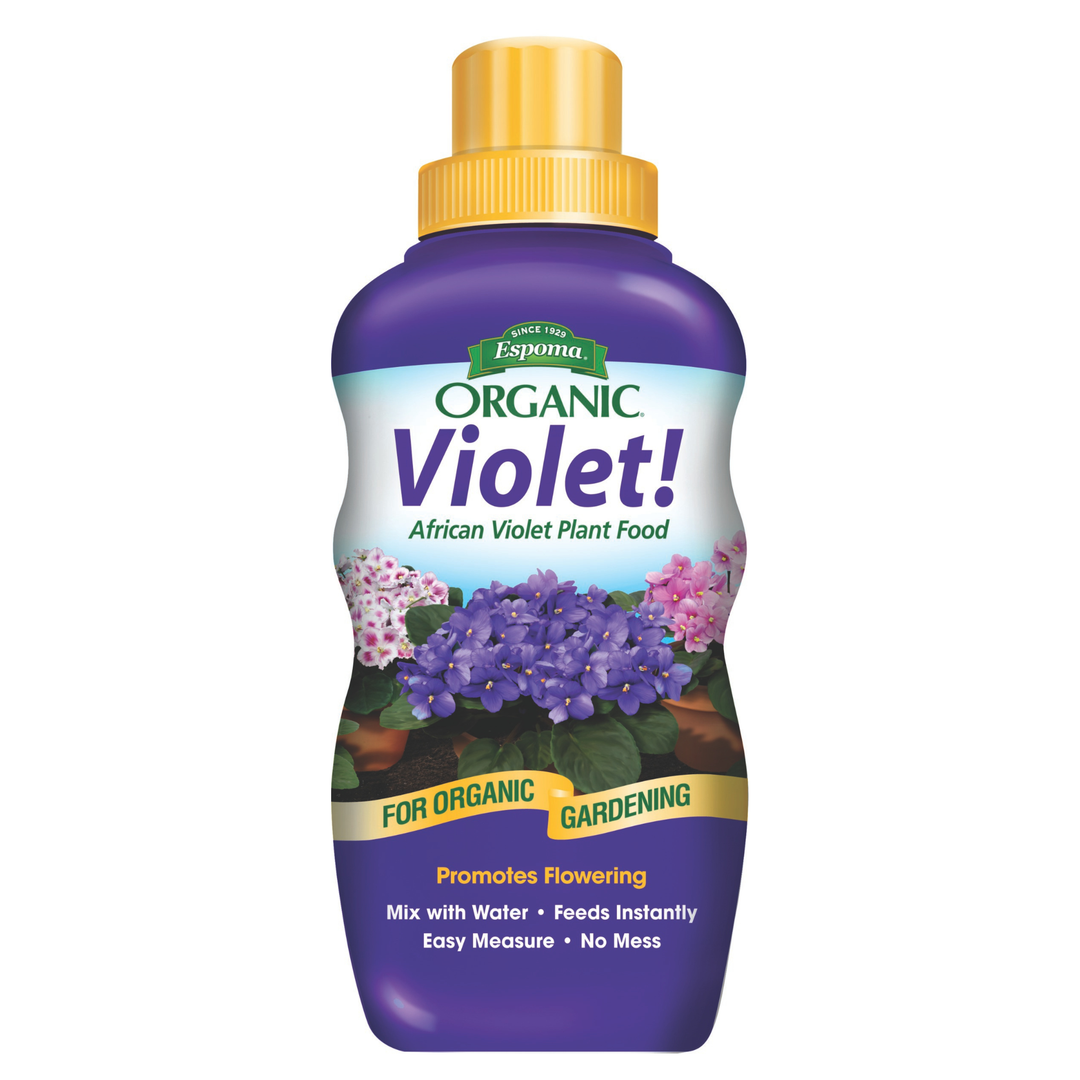 Bottle of Espoma Organic Violet African Violet Plant Food on a white background