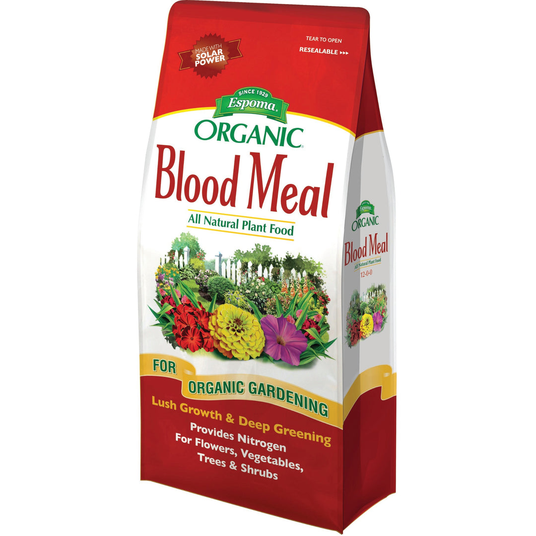 Bag of Espoma Organic Blood Meal plant food on a white background