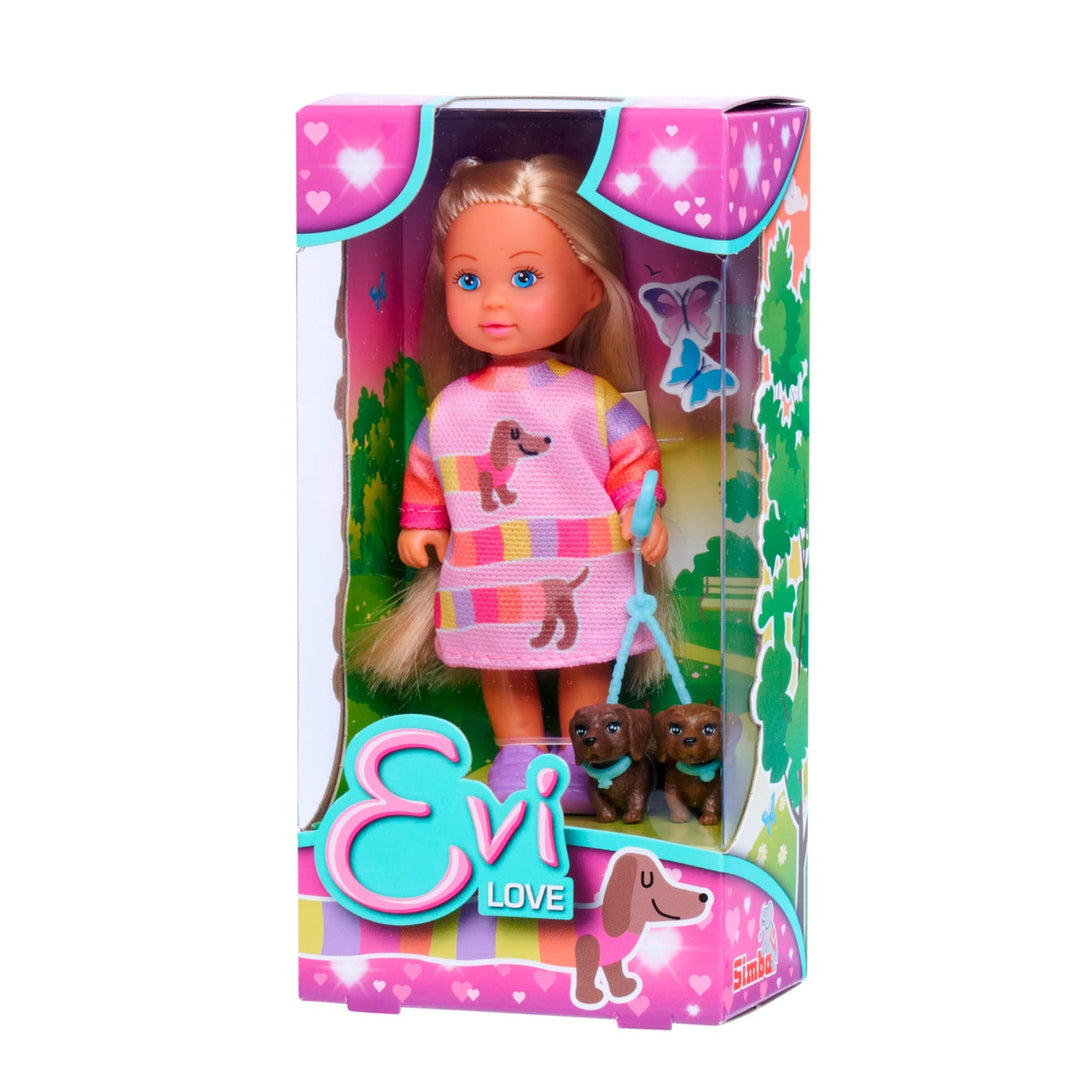Toy doll in a colorful box with 'Evi Love' branding on a white background