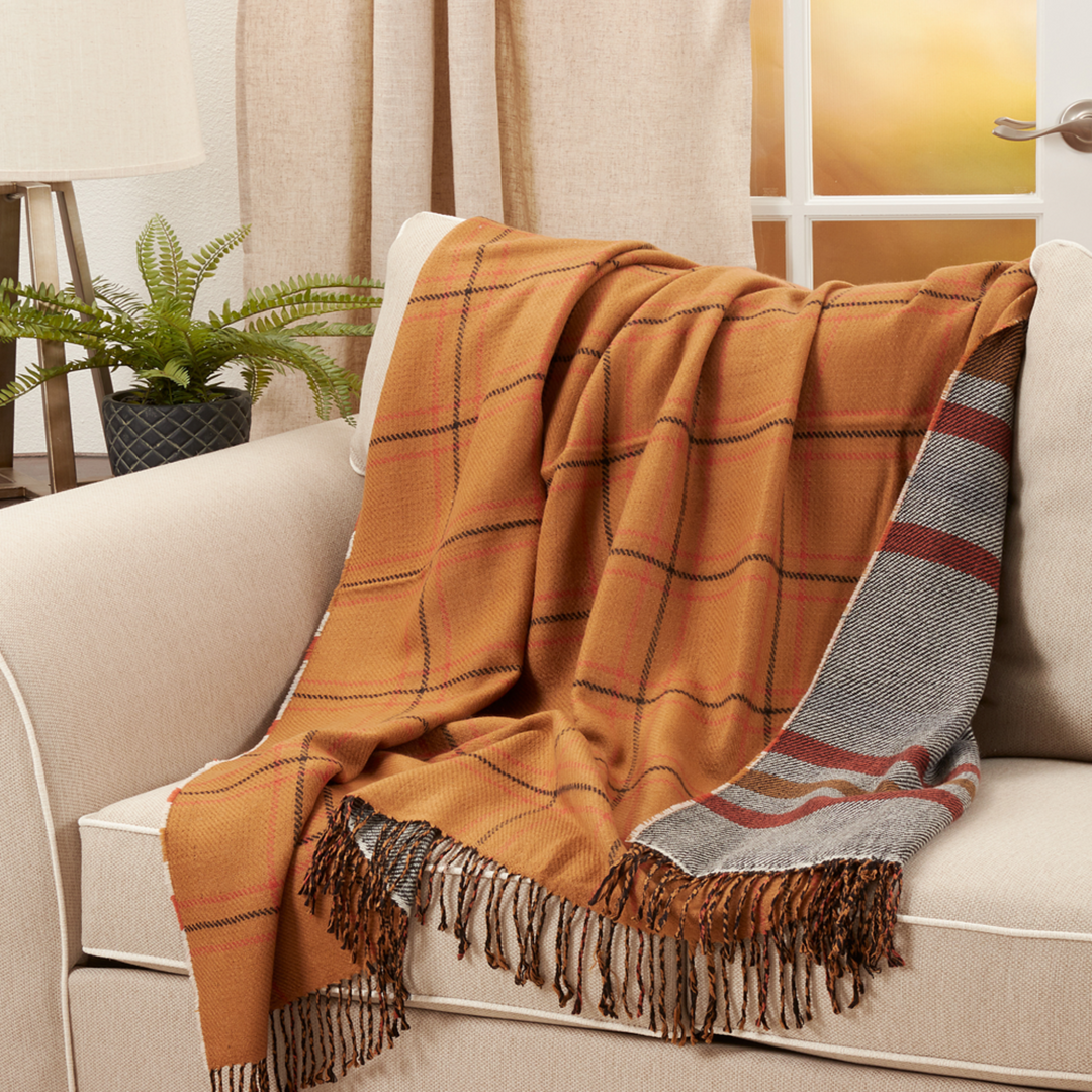 Plaid blanket draped over a sofa in a cozy living room setting