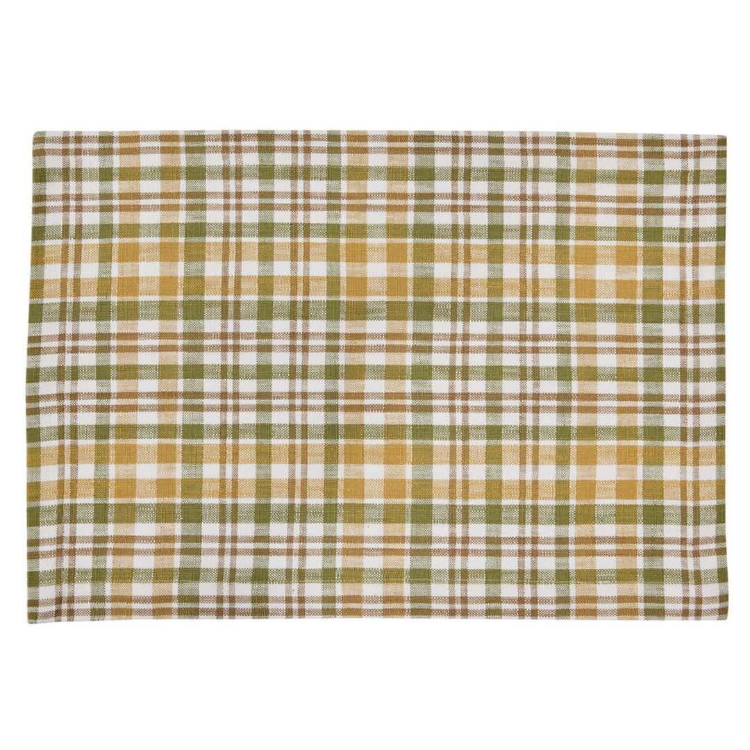 A rectangular woven placemat with a plaid pattern in mustard yellow, sage green, and white, shown flat against a solid white background.
